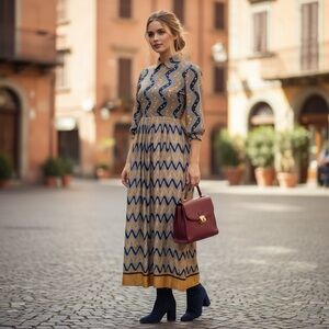 VTG 70’S Maxi Dress Long Sleeve Pleated Yellow Gold Blue Pearls Formal XS Bow